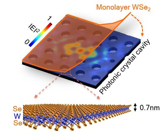 The ultra-thin semiconductor, which is about 100,000 times thinner than a human hair, stretches across the top of the photonic cavity.