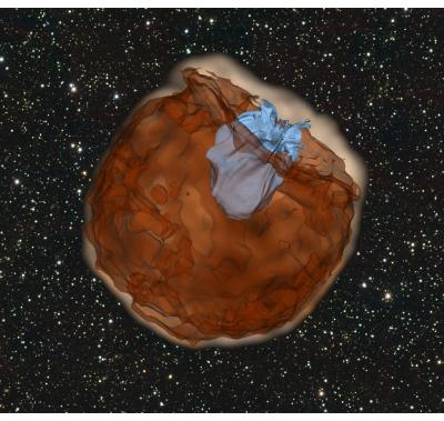 CAPTION This is a still from a simulation of a Type Ia supernova. In the simulation, a Type Ia supernova explodes (dark brown color). The supernova material is ejected outwards at a velocity of about 10,000 km/s. The ejected material slams into its companion star (light blue). Such a violent collision produces an ultraviolet pulse which is emitted from the conical hole carved out by the companion star. CREDIT Courtesy of Dan Kasen