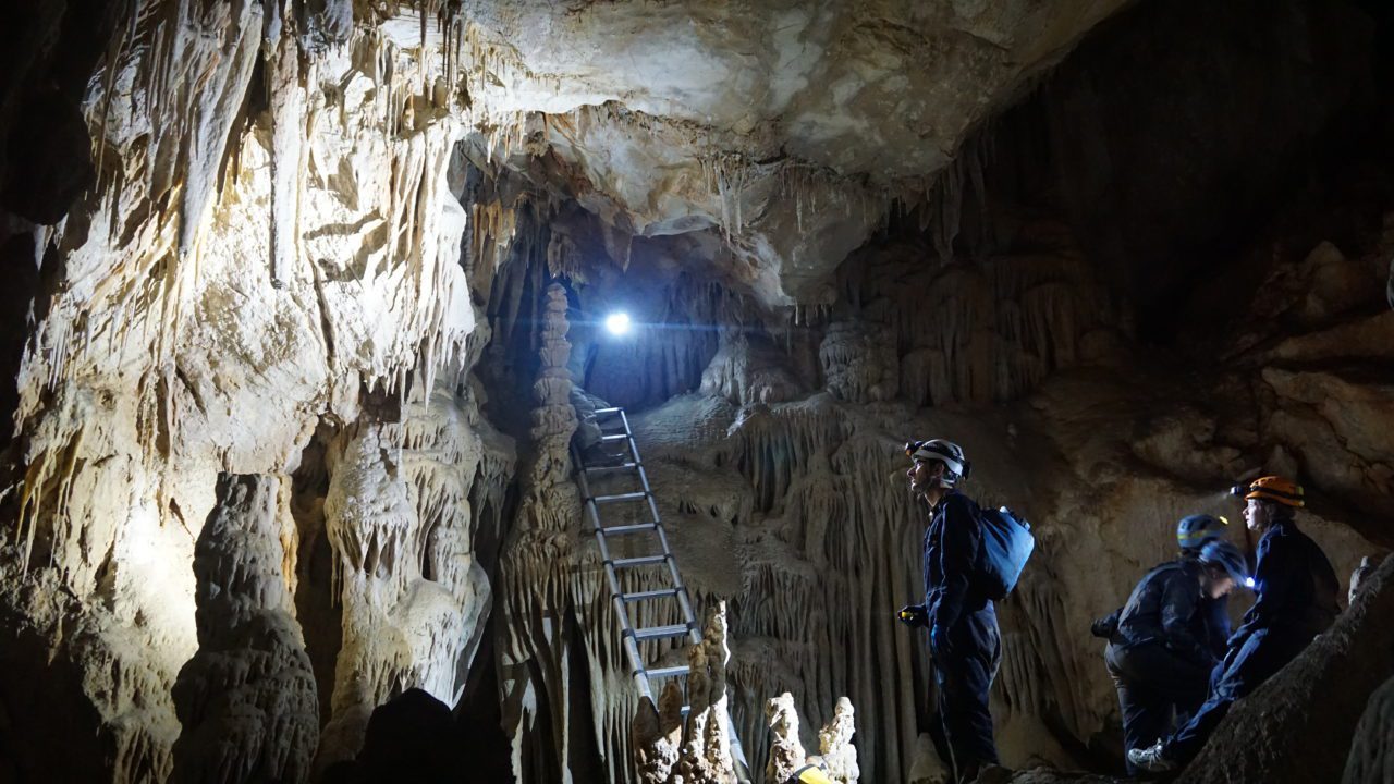 A recent study co-led by WHOI found that the Azores High has expanded dramatically in the past century, resulting from a warming climate due to a rise in anthropogenic greenhouse gas concentrations. Researchers associated with the study collect data inside the Buraca Gloriosa cave in western Portugal, a site of the stalagmite hydroclimate proxy record. Image credit: Diana Thatcher/ © Iowa State University