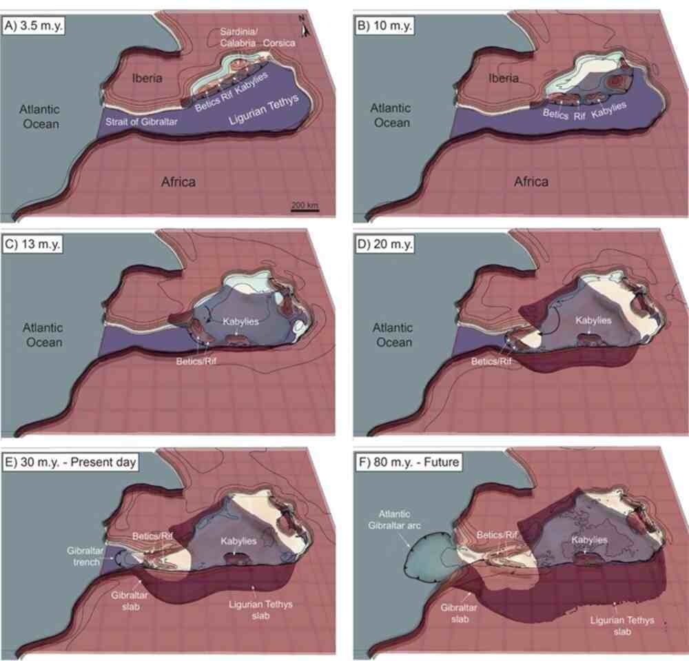 Maps depicting the past and future of the Gibraltar subduction zone from 30 million years ago to 50 million years in the future, based on Duarte et al. (2024).