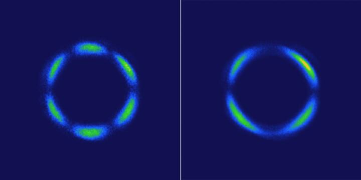 CAPTION These images show light patterns generated by a rhenium-based crystal using a laser method called optical second-harmonic rotational anisotropy. At left, the pattern comes from the atomic lattice of the crystal. At right, the crystal has become a 3-D quantum liquid crystal, showing a drastic departure from the pattern due to the atomic lattice alone. CREDIT Hsieh Lab/Caltech