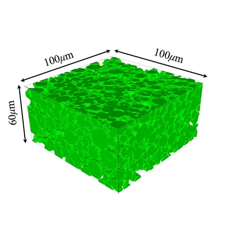 Advanced multi-scale modeling and simulations will be used to guide experiments in a project funded by the Toyota Research Institute to improve rechargeable lithium-ion batteries for electric and hybrid vehicles. In this 3-D rendering, the green spheres represent individual battery particles. This image was published in "Validity of the Bruggeman relation for porous electrodes" D.-W. Chung, M. Ebner, D. R Ely, V. Wood, and R E. García. Modelling and Simulation in Materials Science and Engineering, Volume 21:074009, 2013. (Purdue University image/ Tony Chung) Download image