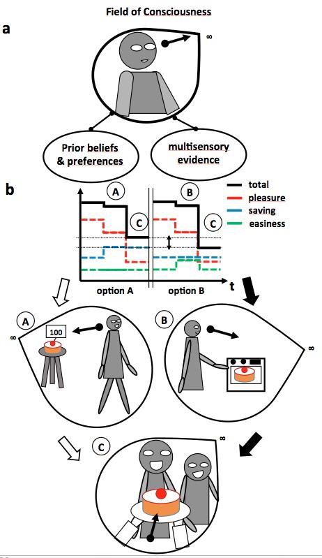 CAPTION Projective Awareness Model: a. The field of consciousness incorporates beliefs and preferences using projective geometry and minimizing free energy in order to motivate action. b. The subject imagines: option A (buying an expensive cake) and option B (making the cake him or herself) to reach the imagined situation 2 where the children at home are happy. Options A and B are very similar: both bring pleasure, but A demands an irreversible expense and B requires a one-off effort. The anticipated final free energy is minimal for B. The subject chooses B as the scenario to be realized.