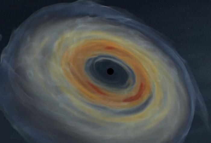 After a massive, spinning star dies, a disk of material forms around the central black hole. As the material cools and falls into the black hole, new research suggests that detectable gravitational waves are created.  Credit: Ore Gottlieb