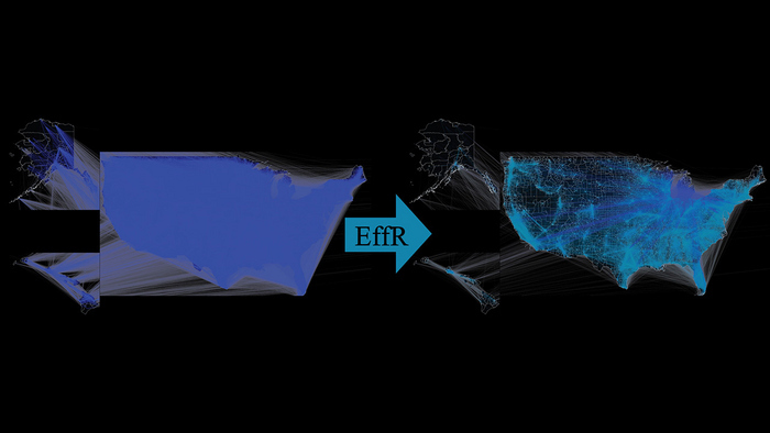 Sparsification of the U.S. mobility network. On the left is the original network with about 26 million edges. On the right, a sparsified network based on effective resistance sampling.  CREDIT Mercier et al.