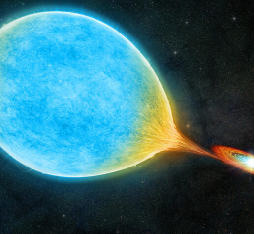 An artist’s illustration shows a white dwarf (right) circling a larger, sun-like star (left) in an ultra-short orbit, forming a “cataclysmic” binary system.