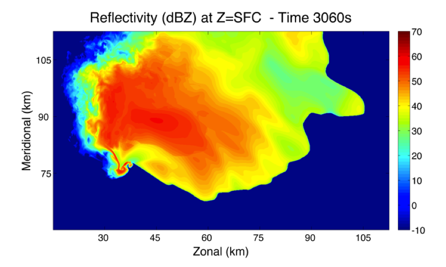 Figure. A simulated radar image of a storm produced by CM1. The hook-like appendage in the southwest corner is an indication of a developing vortex.