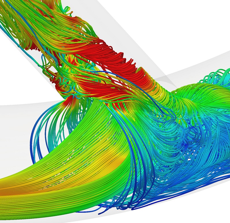 Streamlines of flow within an idealized Arterio-Venous Fistulae. The color of the lines corresponds to the speed of the blood—red being highest, and blue lowest.