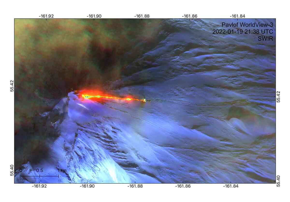 Lava erupted from Pavlof Volcano on Jan. 19, 2022, with the lava flowing almost a mile eastward from the volcano’s eastern flank.