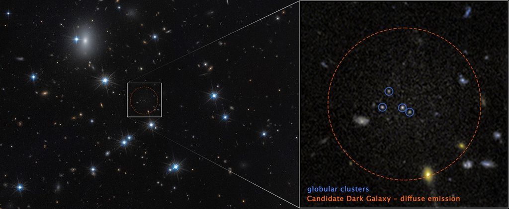 The low-surface-brightness galaxy CDG-2, within the dashed red circle at right, is dominated by dark matter and contains only a sparse scattering of stars. The full image from NASA’s Hubble Space Telescope is at left. NASA, ESA, Dayi Li (UToronto); Image Processing: Joseph DePasquale (STScI)