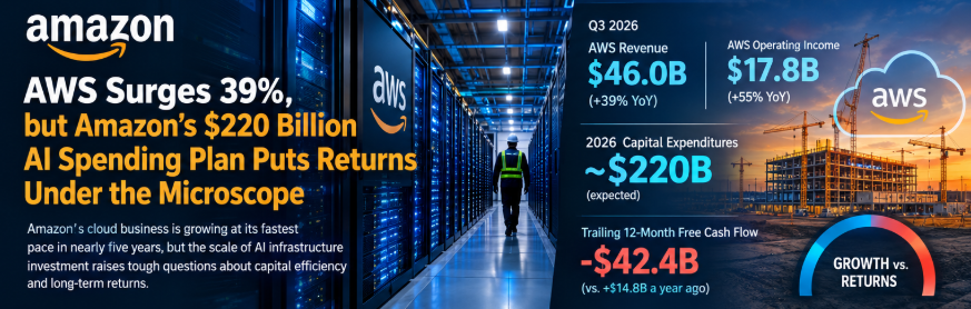 AWS surges 39%, but Amazon’s $220 billion AI spending plan puts returns under the microscope