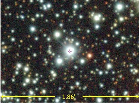 An optical/near-infrared image of the sky around the TESS Input Catalog (TIC) object TIC 400799224 (the crosshair marks the location of the object, and the width of the field of view is given in arcminutes). Astronomers have concluded that the mysterious periodic variations in the light from this object are caused by an orbiting body that periodically emits clouds of dust that occult the star.  Powell et al., 2021