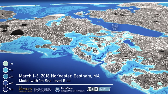 Realistic 3D visualization for Eastham, Mass. along the Cape Cod National Seashore using Advanced Circulation (ADCIRC) modeling results of the March 2018 Nor'easter with 1.0 m sea level rise.