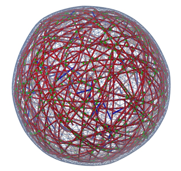 New supercomputer simulations from UMD reveal that much like earthquakes cell “quakes”—sudden restructuring of the cytoskeleton, or scaffolding, inside animal cells—is caused by the slow buildup and rapid release of mechanical energy. This image shows a simulated model cytoskeleton (red, green and blue mesh) contained within a cell membrane depicted in light blue.  CREDIT Haoran Ni / University of Maryland