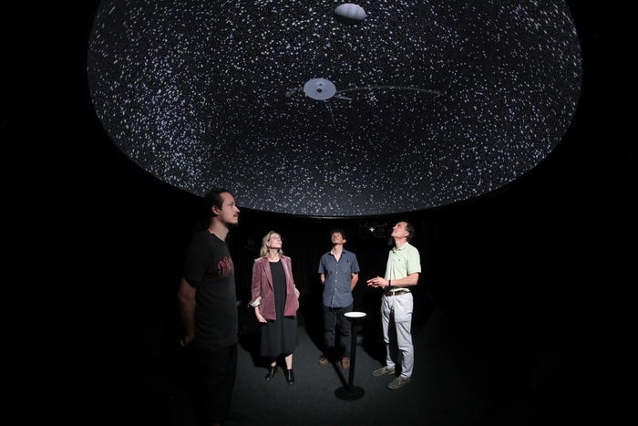 From left to right: Florian Cabot, Sarah Kenderdine, Yves Revaz, Jean-Paul Kneib.  Credit Alain Herzog / EPFL