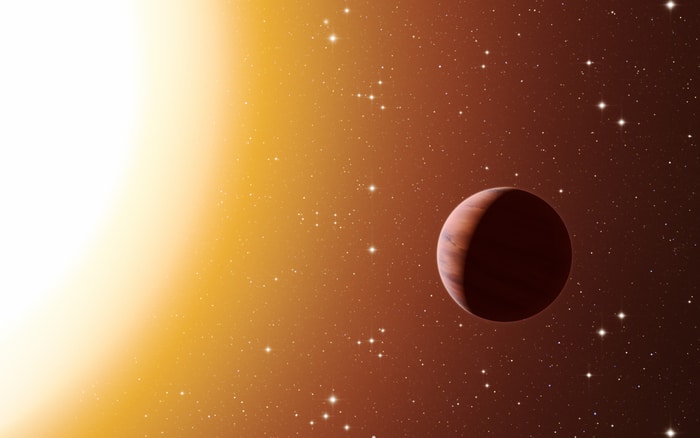 This artist’s impression shows a hot Jupiter planet orbiting close to one of the stars in the rich old star cluster Messier 67, located between 2,500 and 3,000 light-years from Earth in the constellation of Cancer (The Crab).  CREDIT ESO/L. Calçada