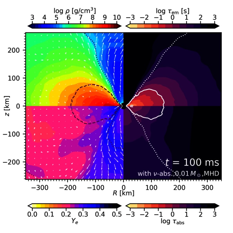 Sectional view through the simulation of an accretion disk from the study by Dr. Just and his colleagues. The black hole at the center is surrounded by torus-shaped matter several hundred kilometers in extent. The rotation axis of the disk is given by the z-axis, which runs at R=0 through the black hole along the vertical direction. The arrows illustrate the velocity distribution of the matter. The color shading shows the density (upper left), the proton fraction Ye (lower left), and the characteristic time scales of neutrino emission (upper right) and neutrino absorption (lower right). Values of Ye less than 0.5 indicate a high fraction of neutrons available for the r-process.