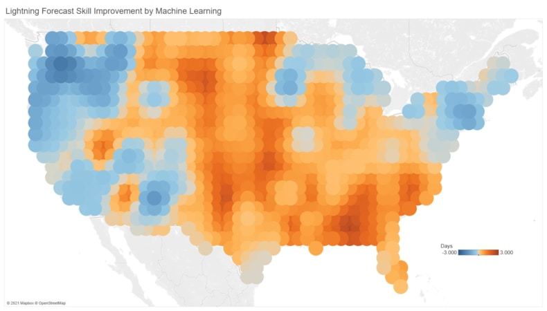 A comparison of the performance of the new, AI-supported method and the existing method for U.S. lightning forecasts. The AI-supported method was able to accurately forecast lightning on average two days earlier in places like the Southeast, where lightning is common. Because the method was trained on the entire U.S., it did less well in places where lightning is less common.Daehyun Kim/University of Washington. Map by Rebecca Gourley/University of Washington