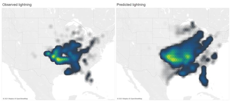 Observed (left) and machine-learning-predicted lightning flash density (right) over the continental U.S. on June 18, 2017. A neural network model was used for the machine learning prediction.Daehyun Kim/University of Washington. Map by Rebecca Gourley/University of Washington