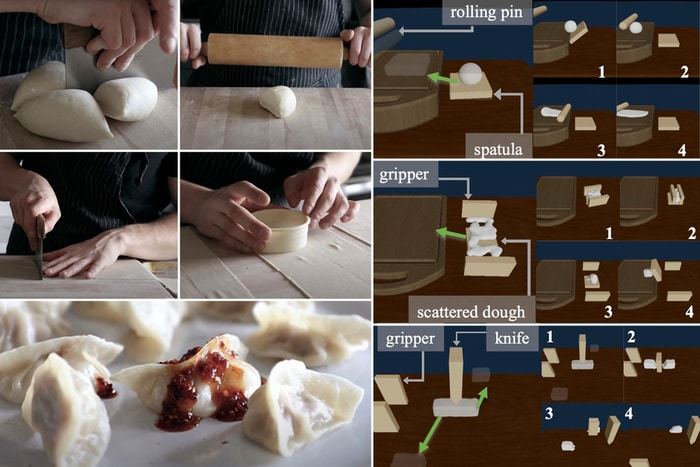 Researchers from MIT and elsewhere have created a framework that could enable a robot to effectively complete complex manipulation tasks with deformable objects, like dough or cloth, that require many tools and take a long time to complete.  CREDIT Image courtesy of Yunzhu Li, Chuang Gan, et al.