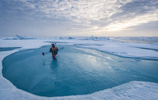 Photo by Lianna Nixon Melinda Webster carries a magnaprobe to measure the depth of melt ponds.