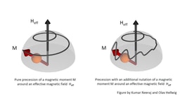 Illustration of the precession of a magnetic moment without (left) and with nutation. Graphic: Kumar Neeraj and Olav Hellwig