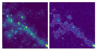 Figure 4: cosmological simulation of a filament made up of hundreds of thousands of small galaxies. The image on the left shows the emissions produced by all the galaxies as it might be observed in situ. The image on the right shows the filament as it would be seen by MUSE. Even with a very long exposure time, the vast majority of the galaxies cannot be detected individually. However, the light from all these small galaxies is detected as a diffuse background, rather like the Milky Way when seen with the naked eye.   © Thibault Garel and Roland Bacon