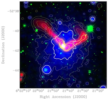 The northern clump - as it appears in X-rays (blue, XMM-Newton satellite), in visual light (green, DECam), and at radio wavelengths (red, ASKAP/EMU).