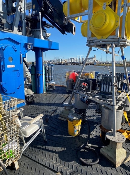 One of the "benthic landers" that will be used for the project in Gulf of Mexico. The oil refineries in the background are typical of the area researchers will be working on in the Gulf of Mexico's hypoxia region off the coasts of Texas and Louisiana.  CREDIT Jordon Beckler, Florida Atlantic University/Harbor Branch Oceanographic Institute