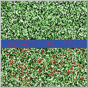 The newly developed model makes it possible for the first time to simulate the water crossing of hominids on a small scale. In their simulation, the researchers sent one thousand individuals (red dots) on their “journey.” Graphic: Senckenberg