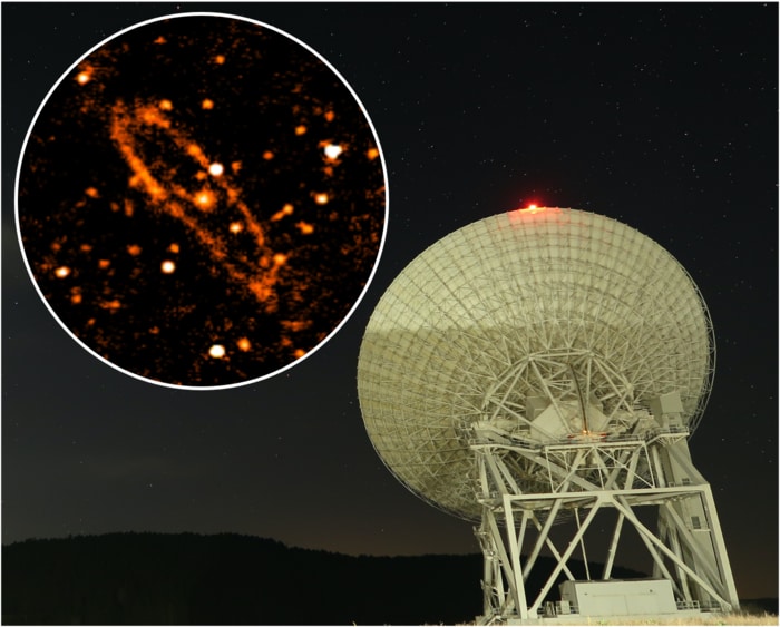 Radio image of Andromeda galaxy at 6.6 GHz (inset), captured using the Sardinia Radio Telescope in Italy.  CREDIT S. Fatigoni et al (2021)