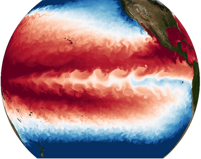 Surface ocean temperatures simulated at unprecedented resolution using a coupled atmosphere-ocean model. The extensive wavy cold structure in the equatorial Pacific corresponds to a tropical instability wave. Simulations were conducted on the IBS/ICCP supercomputer Aleph.