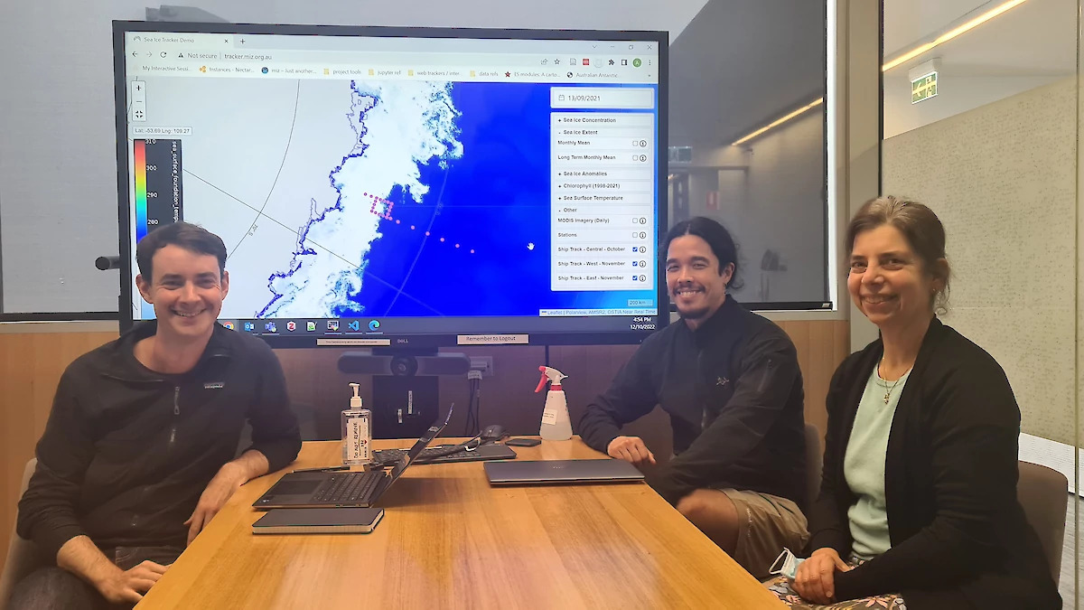 Nilas, the Southern Ocean Mapping Platform developers, Anton Steketee (left), Sean Chua and Dr Petra Heil. Photo: Wendy Pyper