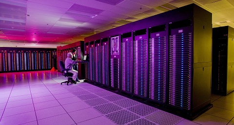 Employees at Lawrence Livermore National Laboratory work on a high-performance computer. Purdue researchers have collaborated with the national laboratory, using a similar high-performance computer to improve simulations that show a nuclear weapon's performance in precise molecular detail. (Photo courtesy of Lawrence Livermore National Laboratory)