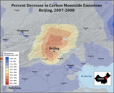 New research shows that levels of carbon monoxide dropped sharply in the Beijing area between 2007 and 2008, due to traffic restrictions imposed because of the 2008 Summer Olympics. Knowing the levels of carbon monoxide allowed the researchers to infer that carbon dioxide emissions also dropped dramatically. The science team used satellite measurements, combined with output from a computer model like that illustrated above, to quantify the amount of reduction in this major greenhouse gas. (©UCAR. Illustration by Lex Ivey, based on NCAR data. )