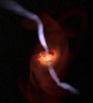 A spinning black hole (at center) produces a powerful jet (white-blue) along its spin axis. While near the hole, the disk rotational axis and jet direction are aligned with the black hole spin axis. Farther away the jet deviates and eventually points along the outer disk’s rotational axis. A black hole movie simulation can be viewed http://www.slac.stanford.edu/~kaehler/movies/black-hole-jet-2-VGA.mov