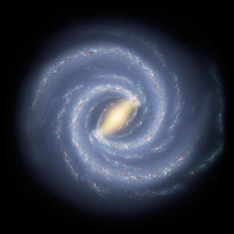 This artist's concept offers a new view of the Milky Way, featuring two major arms extending from a thick central bar, with two less prominent minor arms located in between.