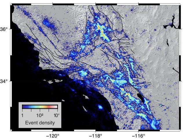 In the above map from the Southern California Earthquake Data Center, some of the individual pixels represent thousands of earthquakes.