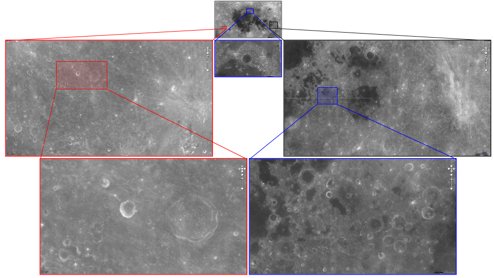 Researchers have created a next-generation zoom function to view and compare portions of complex graphics such as city maps, scientific images or pages of text. Here, the tool, called PolyZoom, is used to look at different regions of the moon. The color-coded selections and connecting lines show the parent-child relationships of the images. (Purdue University image/Niklas Elmqvist)