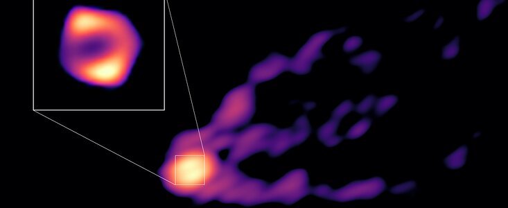 This image shows the jet and shadow of the black hole at the centre of the M87 galaxy together for the first time. The observations were obtained with telescopes from the Global Millimetre VLBI Array (GMVA), the Atacama Large Millimeter/submillimeter Array (ALMA), of which ESO is a partner, and the Greenland Telescope. This image gives scientists the context needed to understand how the powerful jet is formed. The new observations also revealed that the black hole’s ring, shown here in the inset, is 50% larger than the ring observed at shorter radio wavelengths by the Event Horizon Telescope (EHT). This suggests that in the new image we see more of the material that is falling towards the black hole than what we could see with the EHT.   Credit: R.-S. Lu (SHAO), E. Ros (MPIfR), S. Dagnello (NRAO/AUI/NSF)