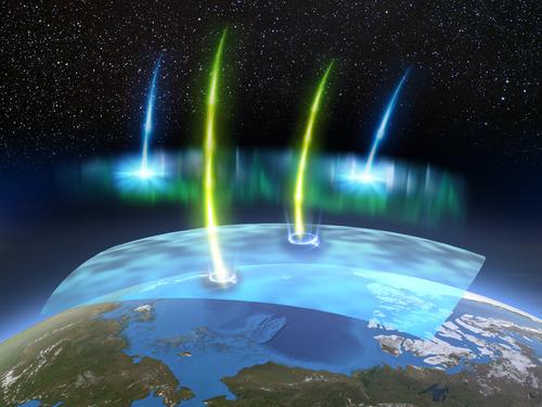 Low-energy (blue) and high-energy (yellow) electrons form  during the process that generates the pulsating aurora.  The high-energy 'relativistic' electrons could cause localized  destruction of the ozone.  (Credit: PsA project)