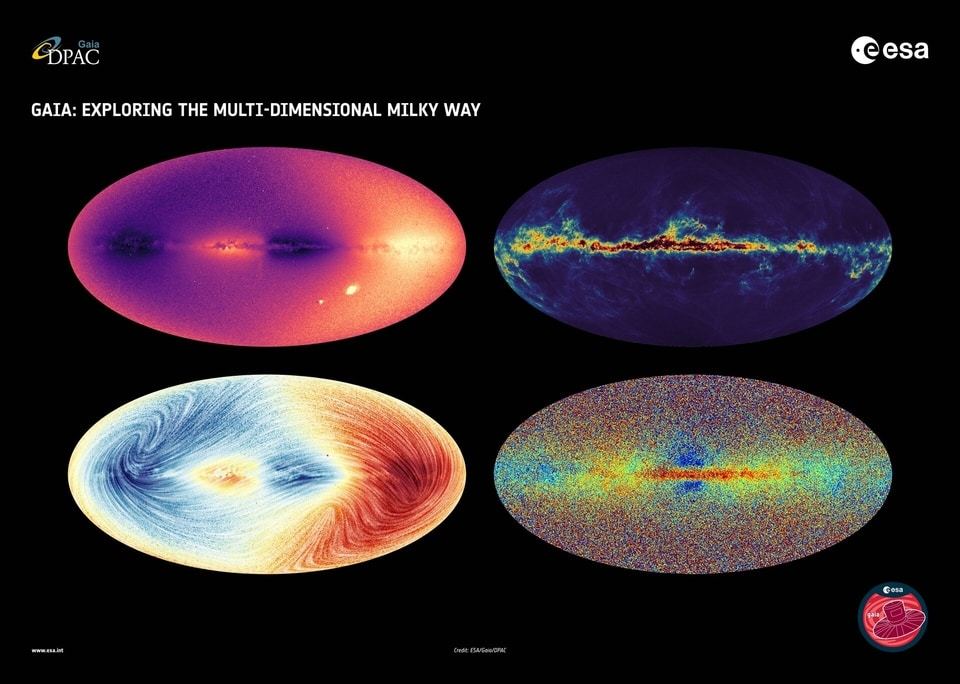 This image shows four sky maps made with the new ESA Gaia data released on 13 June 2022.