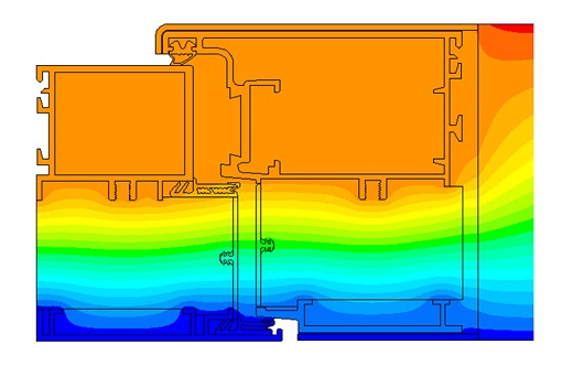 Cross-section of burglary-resistent external doors: Using scientific simulation methods, Fraunhofer researchers have identified the exact points where heat escapes through the aluminum frame (dark color).