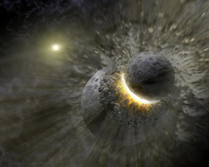 This artist's concept illustrates the collision of two rocky planets. A new study proposes a scenario in which collisions between gas giant planets can lead to mergers and the formation of high-mass gas giants with close-in orbits. (Image credit: NASA/JPL-Caltech)