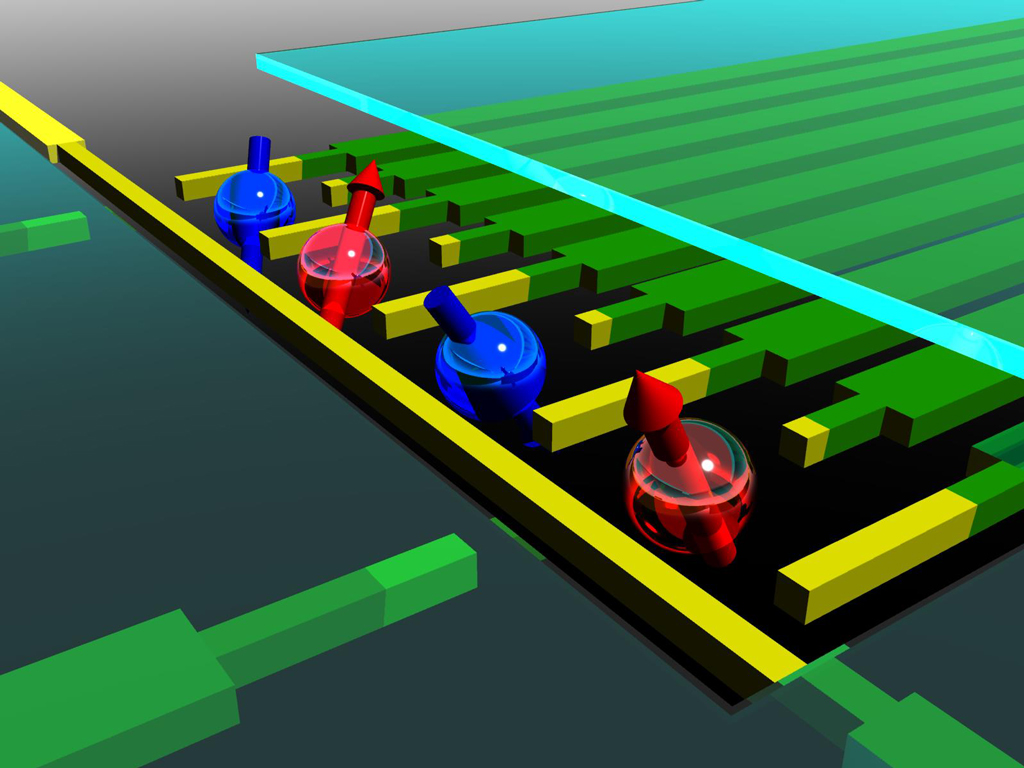 Figure 1: Electrode-defined quantum dots provide a scalable architecture for quantum information processing by trapping electrons and controlling their spin state, either ‘up’ (red) or ‘down’ (blue).  © 2014 Matthieu Delbecq and Shinichi Amaha, RIKEN Center for Emergent Matter Science