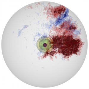 The inner 1,000 kilometer radius of a 1,700 kilometer radius white dwarf star is simulated using the MAESTRO code on the Jaguar supercomputer. The yellow/green/purple contours show the progression of nuclear energy generation. The red and blue contours indicate regions of outward and inward convection. Image courtesy M. Zingale, Stony Brook University, and A. Nonaka, Lawrence Berkeley National Laboratory