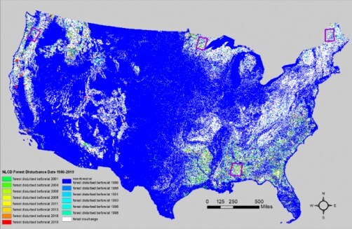 Four Landsat path/row footprints in purple, which were selected for accuracy assessment, are overlaid on the National Land Cover Database (NLCD) Forest Disturbance Date 1986-2019 science product.