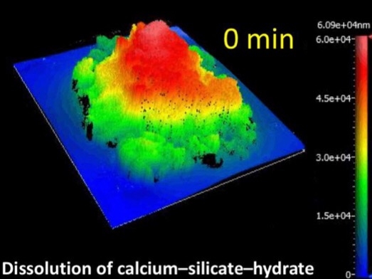 CAPTION This is a visualization of the dissolution of a C-S-H grain following its repetitive contact with an aqueous solvent. These visualizations which were enabled using vertical scanning interferometry (VSI) provide access to the surface topography at nanoscale resolution. CREDIT G. Sant and M. Bauchy/UCLA CAPTION This is a visualization of the dissolution of a C-S-H grain following its repetitive contact with an aqueous solvent. These visualizations which were enabled using vertical scanning interferometry (VSI) provide access to the surface topography at nanoscale resolution. CREDIT G. Sant and M. Bauchy/UCLA