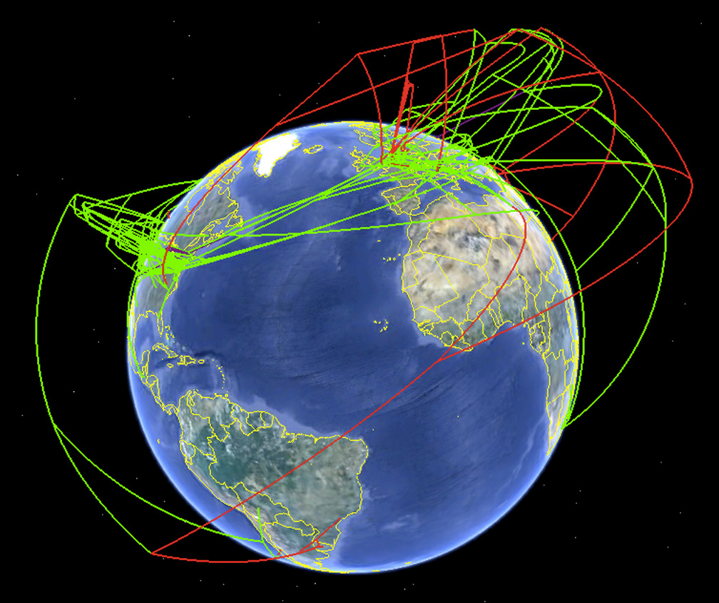 Screenshot of the spread of H7 influenza as produced by SUPRAMAP and visualized by Google Earth™. This view illustrates the historical spread of high pathogenic lineages (high-altitude red lines) and the recent local evolution of high pathogenicity (low-altitude red lines). [credit: Janies/OSU] 