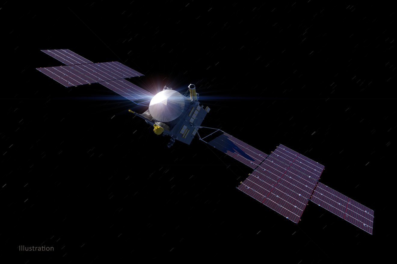 This illustration, updated as of March 2021, depicts NASA's Psyche spacecraft. Set to launch in August 2022, the Psyche mission will explore a metal-rich asteroid of the same name that lies in the main asteroid belt between Mars and Jupiter. The spacecraft will arrive in early 2026 and orbit the asteroid for nearly two years to investigate its composition.  Scientists think that Psyche, unlike most other asteroids that are rocky or icy bodies, is made up of mostly iron and nickel — similar to Earth's core. The Psyche team will use a magnetometer to measure the asteroid's magnetic field. A multispectral imager will capture images of the surface, as well as data about Psyche's composition and topography. Spectrometers will analyze the neutrons and gamma rays coming from the surface to reveal the elements that make up the asteroid.  Maxar Technologies in Palo Alto, California, built the main body of the spacecraft, called the Solar Electric Propulsion (SEP) Chassis. Maxar also will deliver the five-panel solar arrays, shown here, that will provide the power for the spacecraft systems.  The image was created by Peter Rubin.